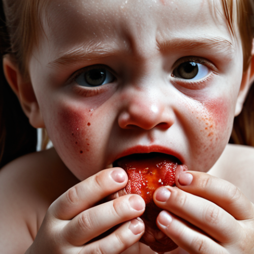 Home 6 A child with red blisters on their hands and feet, looking uncomfortable while trying to eat. Focus on the child's expression and the visible skin rash. Use a soft, empathetic lighting.