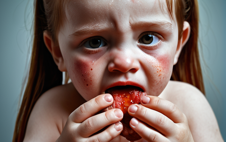 A child with red blisters on their hands and feet, looking uncomfortable while trying to eat. Focus on the child's expression and the visible skin rash. Use a soft, empathetic lighting.
