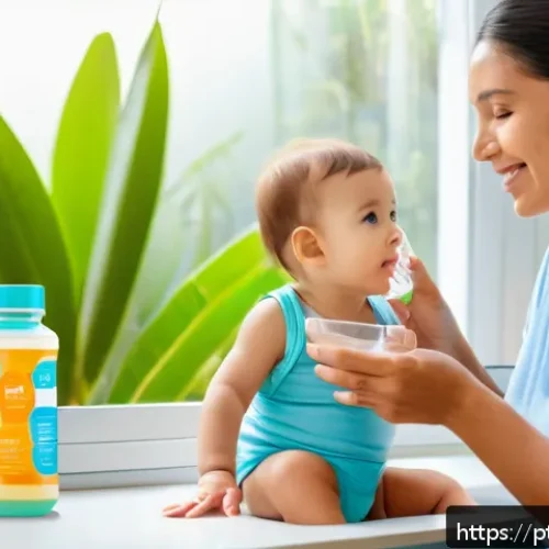 Home 32 소아 설사 원인과 병원 방문 시점 - A caring Brazilian mother gently giving oral rehydration solution to her toddler wearing a colorful ...