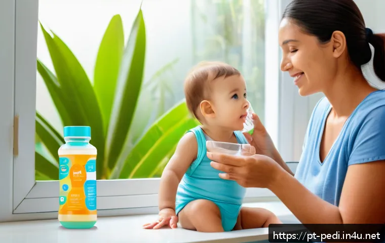 소아 설사 원인과 병원 방문 시점 - A caring Brazilian mother gently giving oral rehydration solution to her toddler wearing a colorful ...