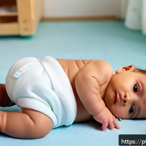 Home 31 신생아 열성 경련 증상과 응급 대처 - A tender scene of a baby wearing a clean diaper lying safely on their side on a soft, cushioned floo...