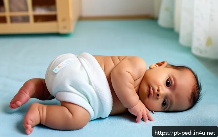 신생아 열성 경련 증상과 응급 대처 - A tender scene of a baby wearing a clean diaper lying safely on their side on a soft, cushioned floo...