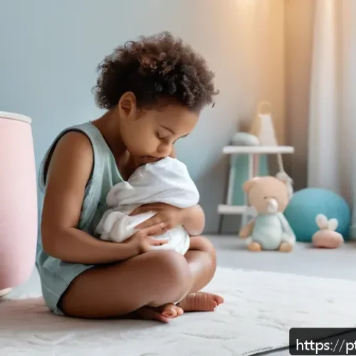 Home 30 아기 설사와 구토 동반 증상 대처법 - A tender scene of a concerned mother gently holding her infant wearing a clean diaper, sitting in a ...