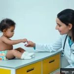 Home 23 소아 빈혈 진단 검사와 철분 보충제 추천 - A caring pediatrician examining a young child wearing a colorful diaper, sitting on an examination t...