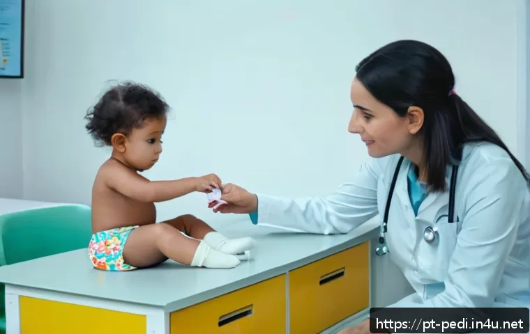 소아 빈혈 진단 검사와 철분 보충제 추천 - A caring pediatrician examining a young child wearing a colorful diaper, sitting on an examination t...
