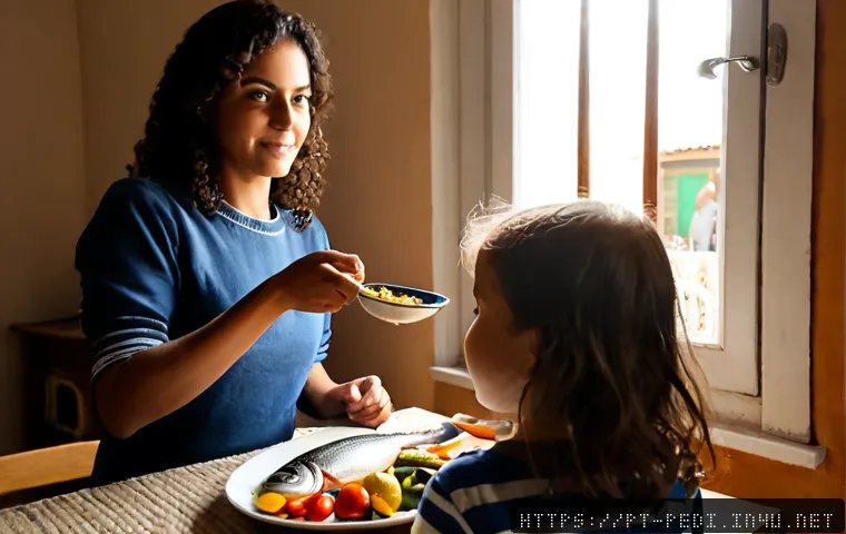 Home 17 아이들의 식욕부진 원인과 개선 방법 - Photorealistic family kitchen in Portugal, a concerned parent gently offering a small balanced meal ...