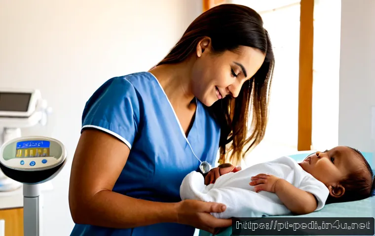 Home 17 신생아 체중 증가 표준과 이상 징후 - Photorealistic newborn health check at a bright, welcoming Portuguese-speaking family clinic, a full...