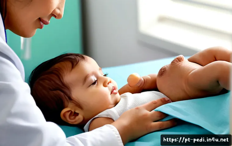 Home 17 신생아 배꼽 감염 증상과 치료 - Photorealistic pediatric clinic scene in Brazil, caring female doctor wearing a white coat gently ex...